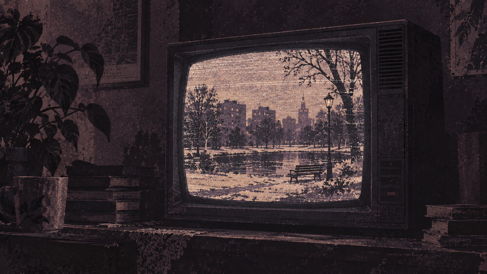 Stary telewizor pokazujący zimowy Park Południe